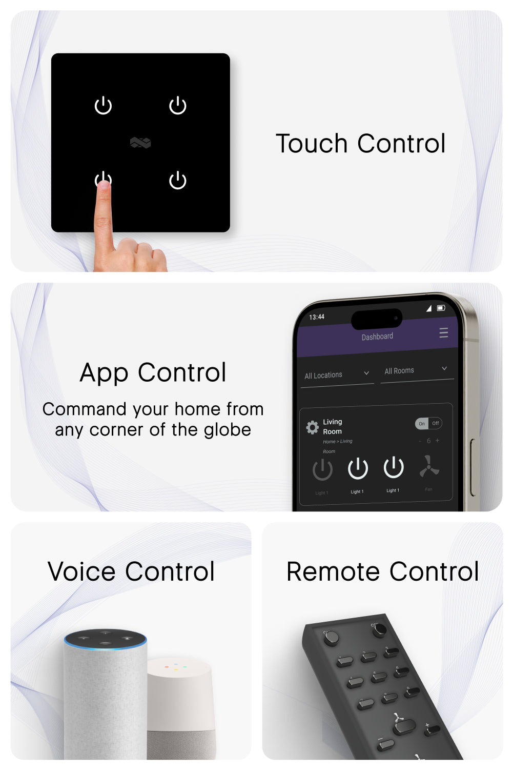 2 Gang (4 Switch) IR Remote & Wi-Fi Touch Switch