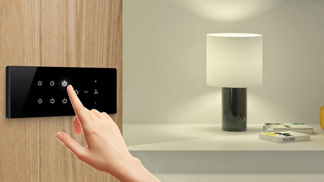 iotics - AI-powered smart home automation system in modern living room with touch switches and ambient lighting