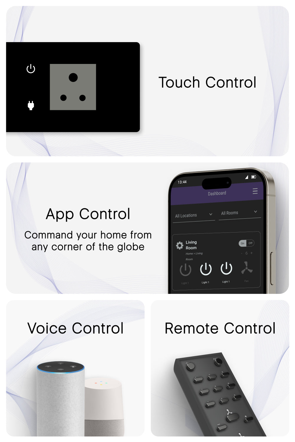8 Gang (5 Switch + 1 Fan + 1 Plug) IR Remote & Wi-Fi Touch Switch